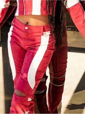 Revice Denim Red & White Moto-Style Gran-Prix Faux Leather Modena Pant (Size 31)